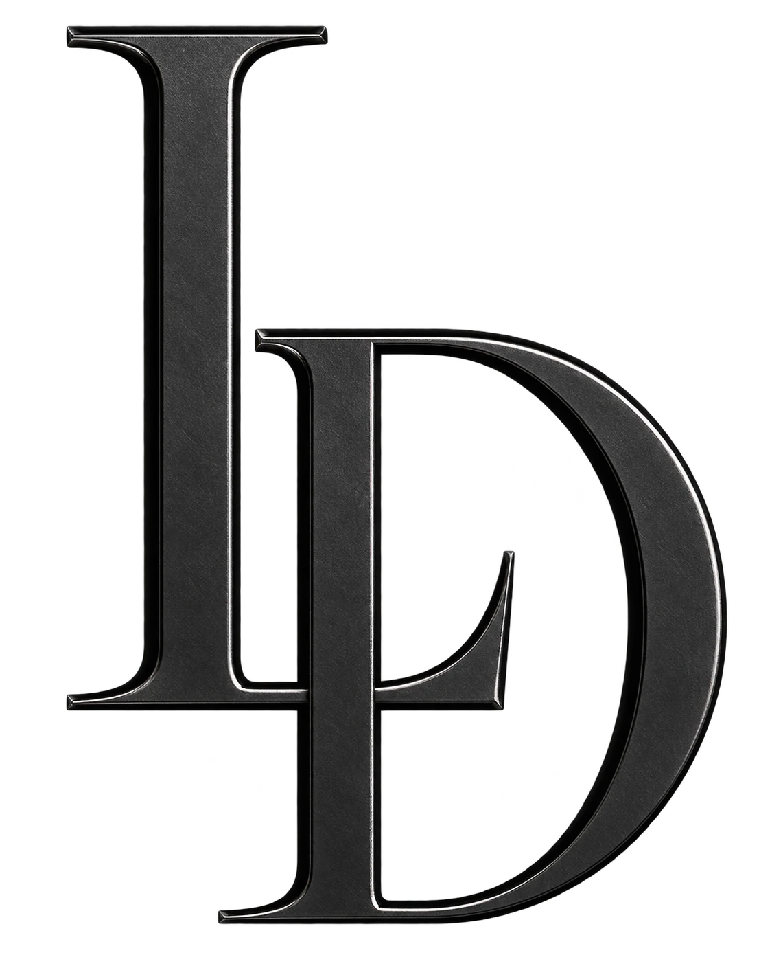 LD, monograma de Lucas Domínguez Studio en metal con relieve